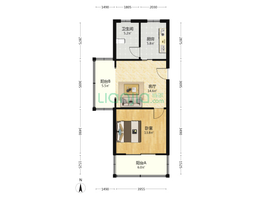 由由四季苑 1室1厅1卫 61平方
