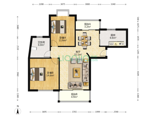 龙居苑 2室1厅1卫 108平方