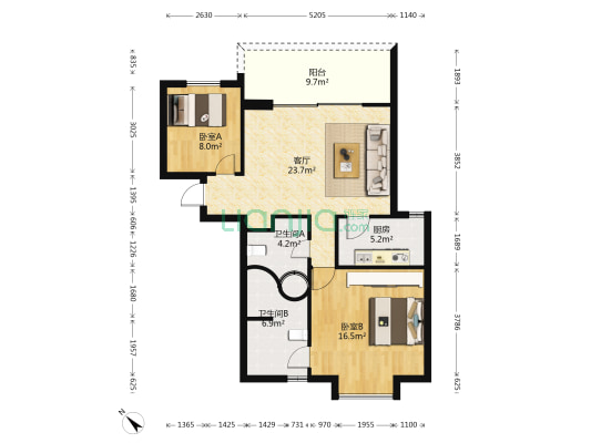 外滩中心 2室1厅2卫 97平方