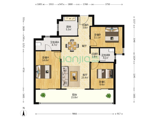 龙湖紫宸 3室1厅2卫 120平方
