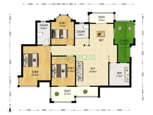 元一名城B区 3室1厅2卫 120平方
