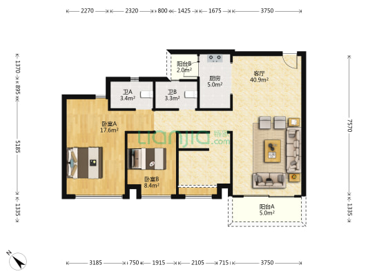 怡翠晋盛花园 2室1厅2卫 108平方