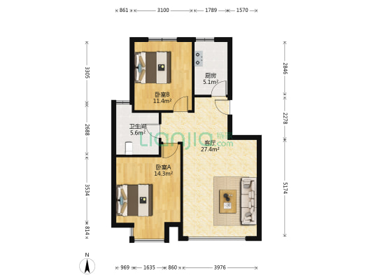 麦迪逊 2室1厅1卫 93平方