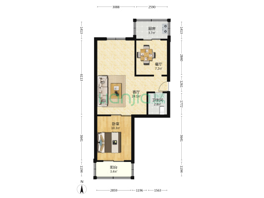 市场街 1室2厅1卫 63平方