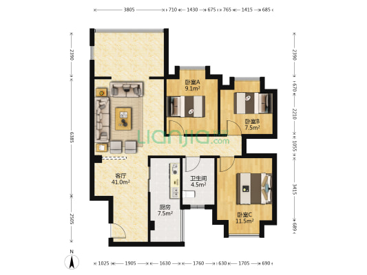 金领兰庭 3室1厅1卫 95平方