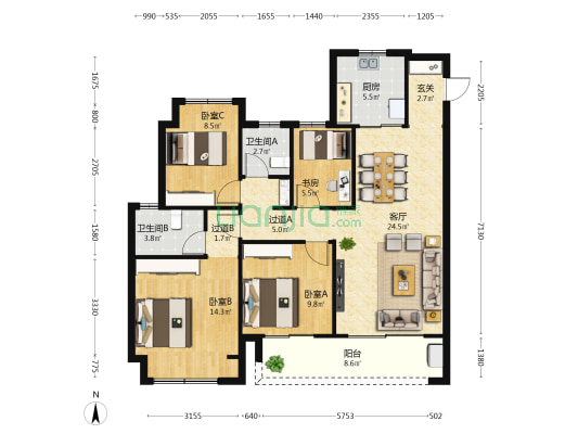建发金玥湾 4室1厅2卫 120平方