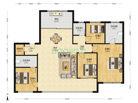润府 4室1厅3卫 193平方