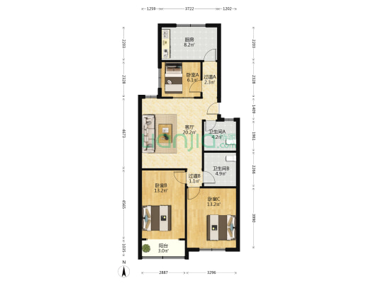 侨园华城 3室1厅2卫 106平方