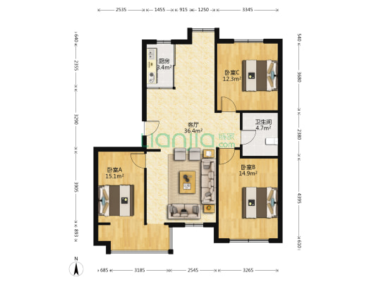 鑫宁家园 3室1厅1卫 112平方