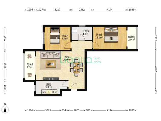光明苑 2室1厅1卫 98平方