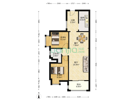 雅士林欣城西区 2室2厅1卫 80平方