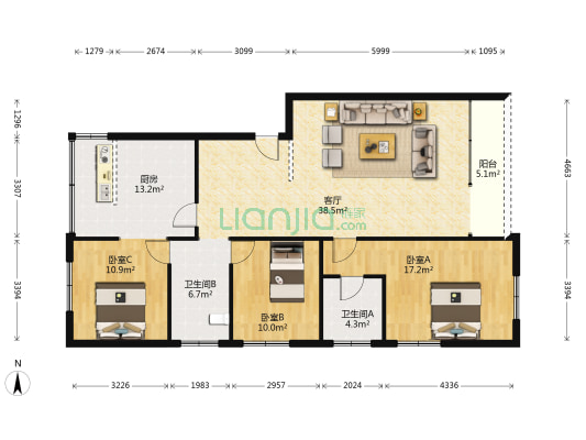 兴业东邨 3室1厅2卫 124平方