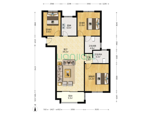 鼎盛苑B区 2室1厅2卫 126平方