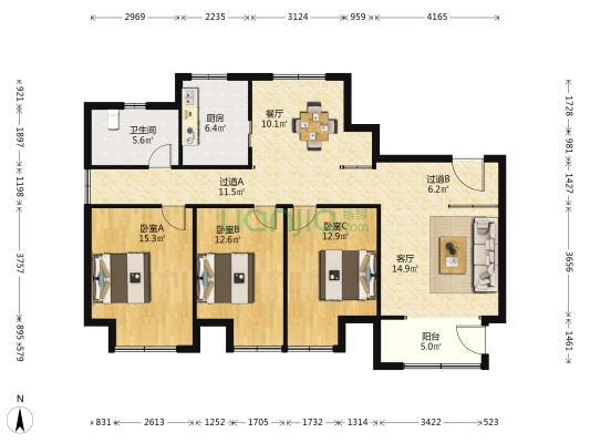 荣府 3室2厅1卫 144平方