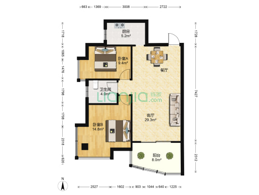 领秀城 2室1厅1卫 87平方