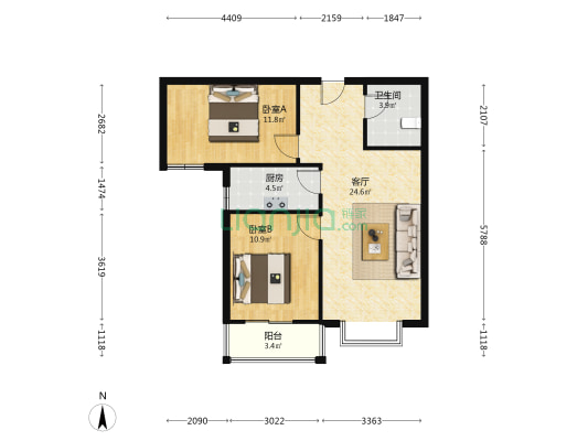 南向两居室，精装修，拎包入住，房本满二税费低-户型图