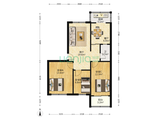 电缆厂宿舍(傲徕峰路21号) 3室2厅1卫 83平方
