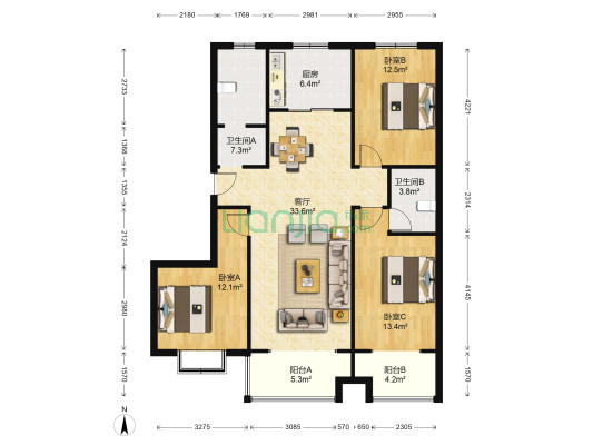 永基花苑 3室1厅2卫 135平方