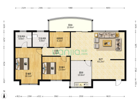 名门广场南区 2室1厅2卫 149平方