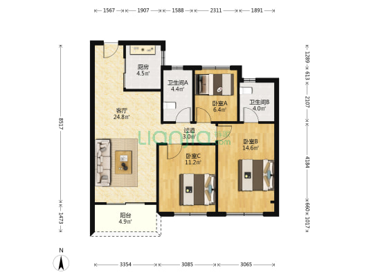 阅湖之宸 3室1厅2卫 97平方