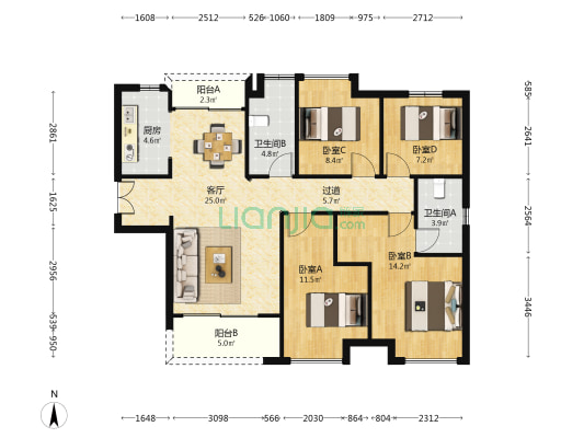 长房越秀星悦荟 4室1厅2卫 119平方