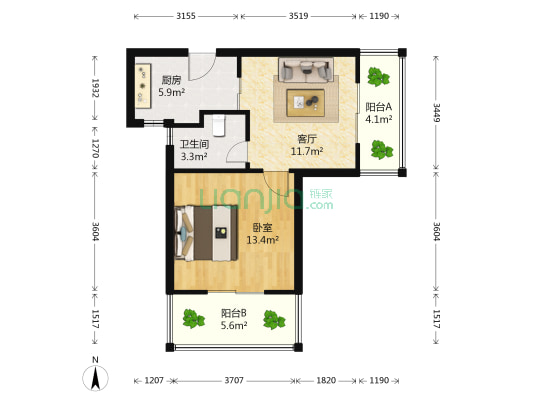 尚元名郡 1室1厅1卫 54平方