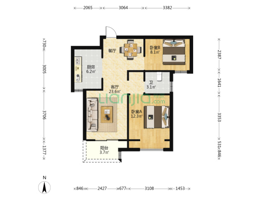 绿地香湖湾2号院 2室1厅1卫 80平方