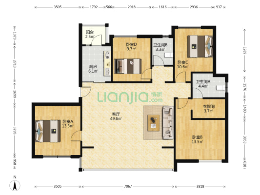 金科领地博翠粼湖 4室1厅2卫 136平方