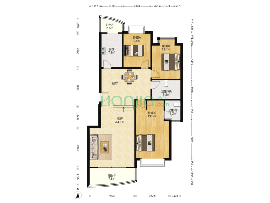 吉祥花园 3室1厅2卫 131平方