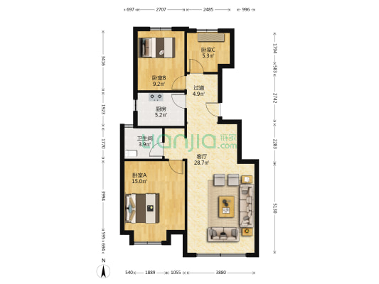 华远棠悦逸棠苑 3室1厅1卫 97平方