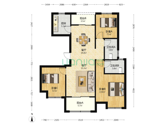 中奥上坤云锦东方 3室2厅2卫 110平方