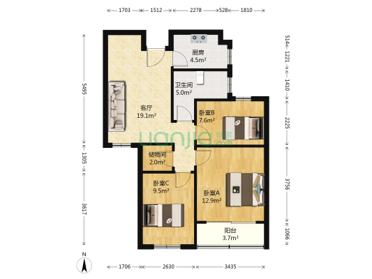 锁石苑 3室1厅1卫 88平方