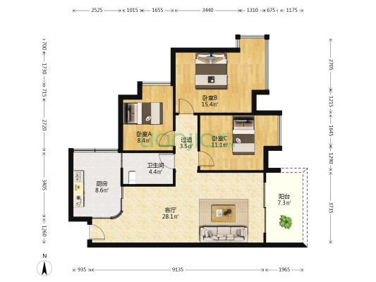 新上 东海长洲 纯平层 住家装修 拎包入住-户型图