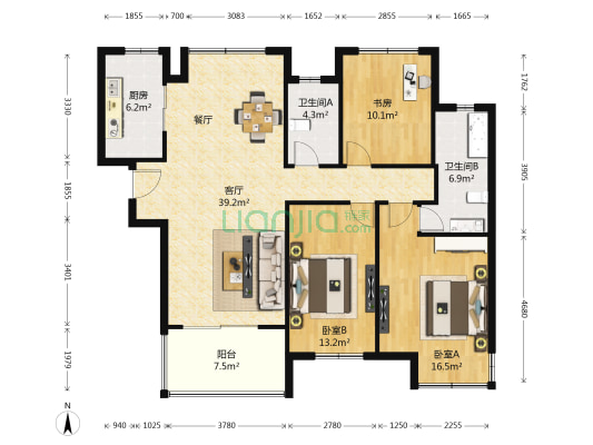 九龙仓碧玺B区 3室1厅2卫 127平方