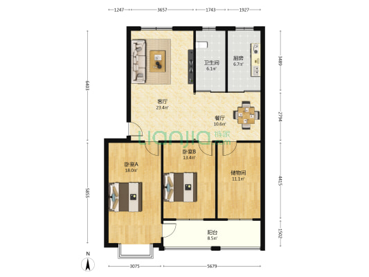宜居家园 2室2厅1卫 118平方