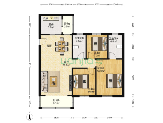 海荣新村 3室1厅2卫 95平方