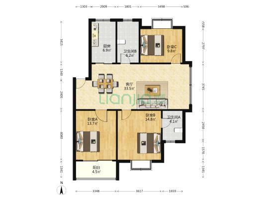 庙港社区 3室1厅2卫 108平方