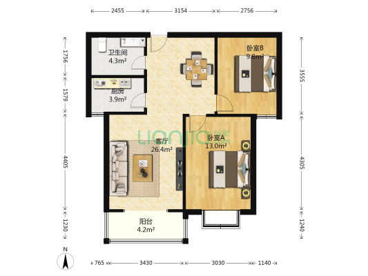 金鹰花园(胜利中路) 2室1厅1卫 87平方