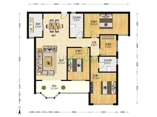 供电红谷小区 4室1厅2卫 150平方