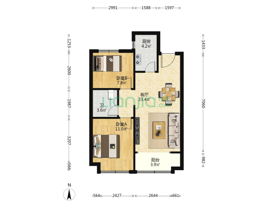 旭辉长安府 2室1厅1卫 80平方