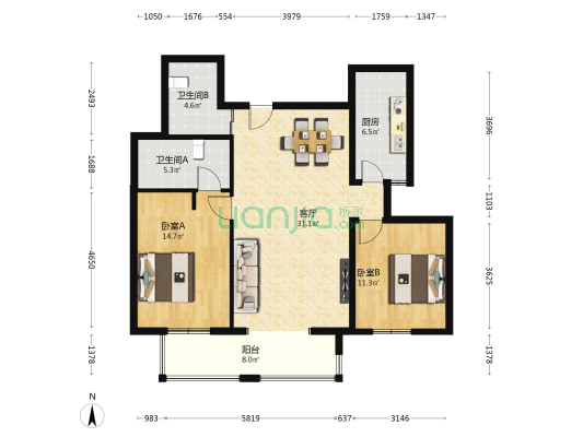 亚奥阳光 2室1厅2卫 108平方