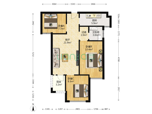 大溪地十号院 3室1厅1卫 89平方