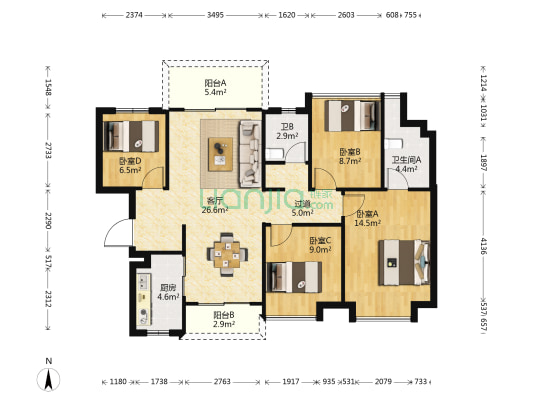 龙悦江山 4室1厅2卫 89平方