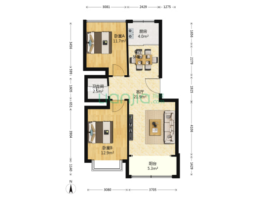 恒基富丽东方 2室2厅1卫 83平方