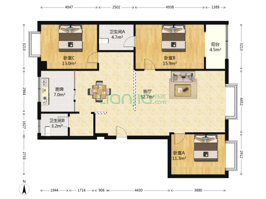 长安花园 3室1厅2卫 148平方