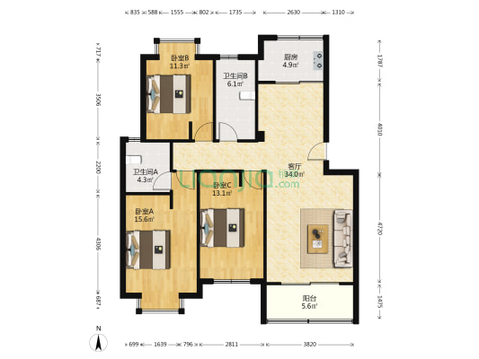 华都公寓 3室1厅2卫 115平方