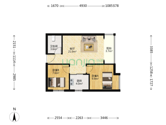 渝新花园 2室1厅1卫 68平方