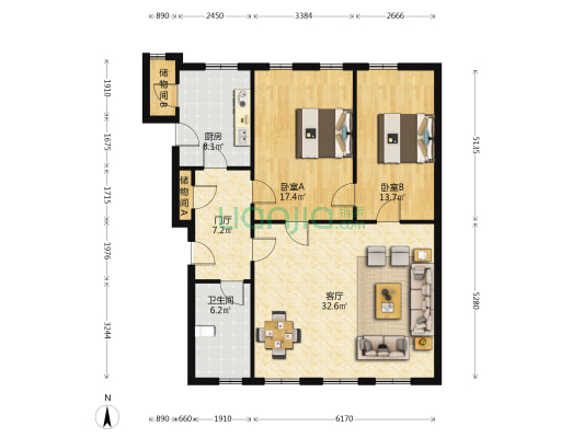 南京西路1147-1167号(单) 2室1厅1卫 114平方