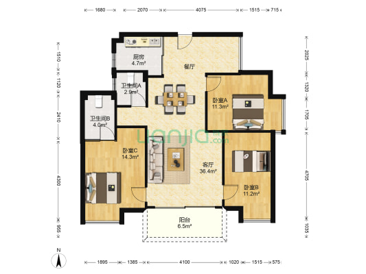 正祥1品新筑 3室1厅2卫 107平方