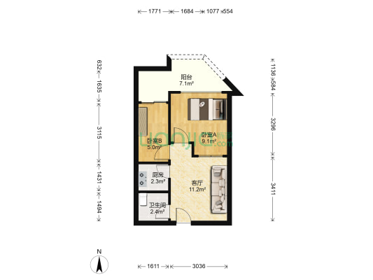 翡翠公寓 2室1厅1卫 33平方